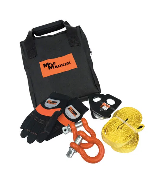 19-00105 – MILEMARKER Winch Rigging Kit, Includes Shackles/ Recovery Straps/ Snatch Block/ Gloves Black Bag